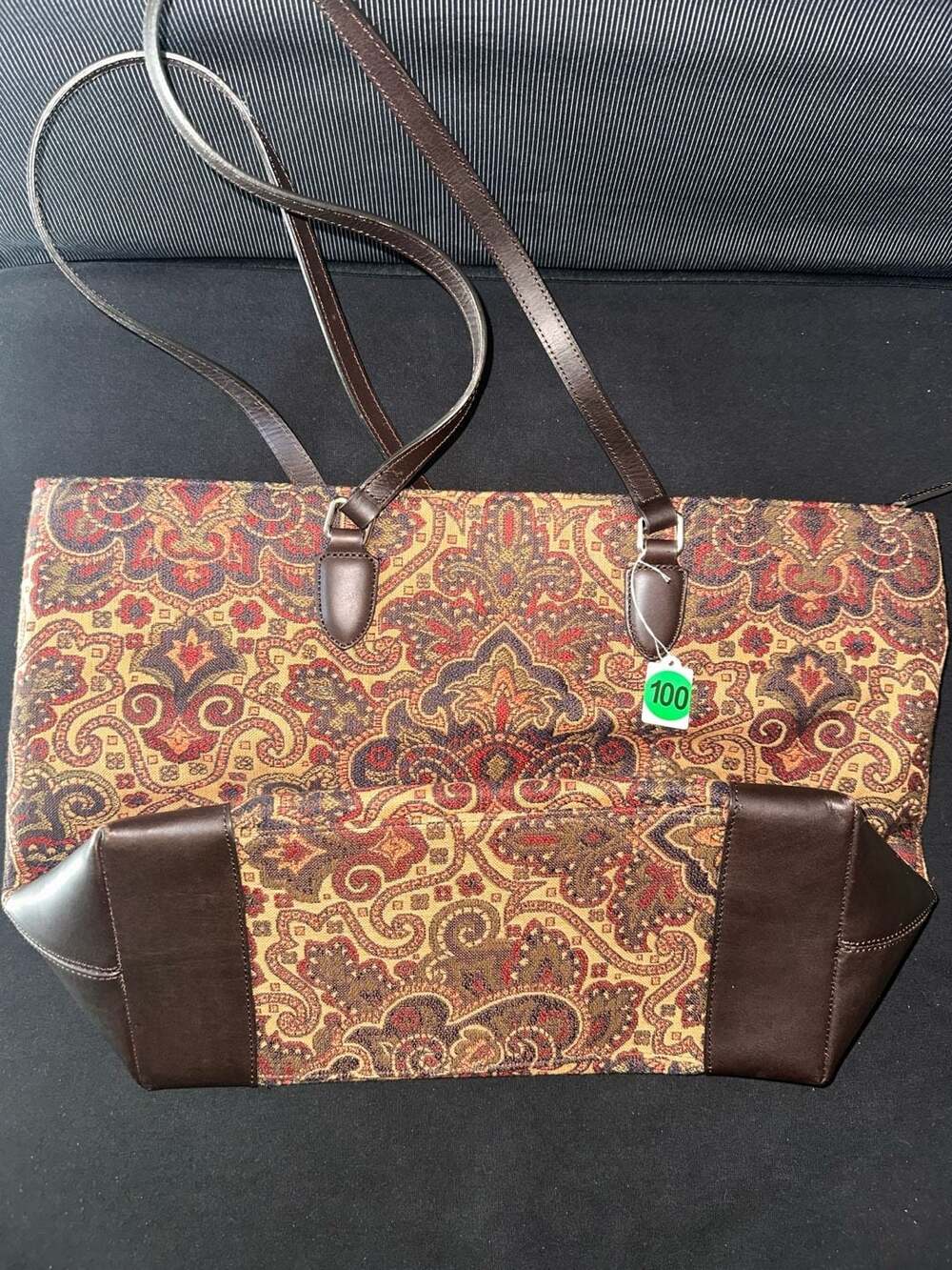 No.100 Talbots Paisley Tapestry Tote Bag with Brown Leather Trim